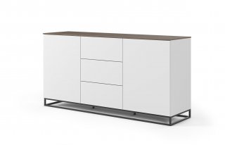 Buffet WHITY 2 blanc mat 180cm 2 portes/3 tiroirs Plateau en bois noyer avec pieds noir métal